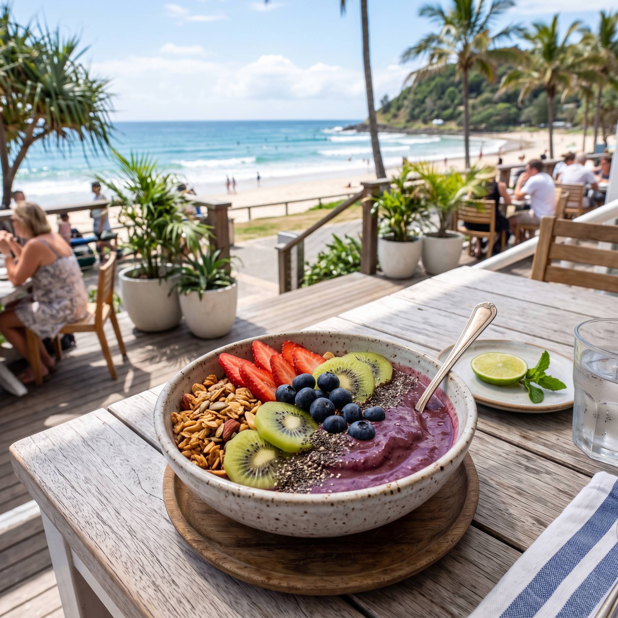 Açaí bowl topped with strawberries, kiwi, blueberries and granola on a table overlooking the beach