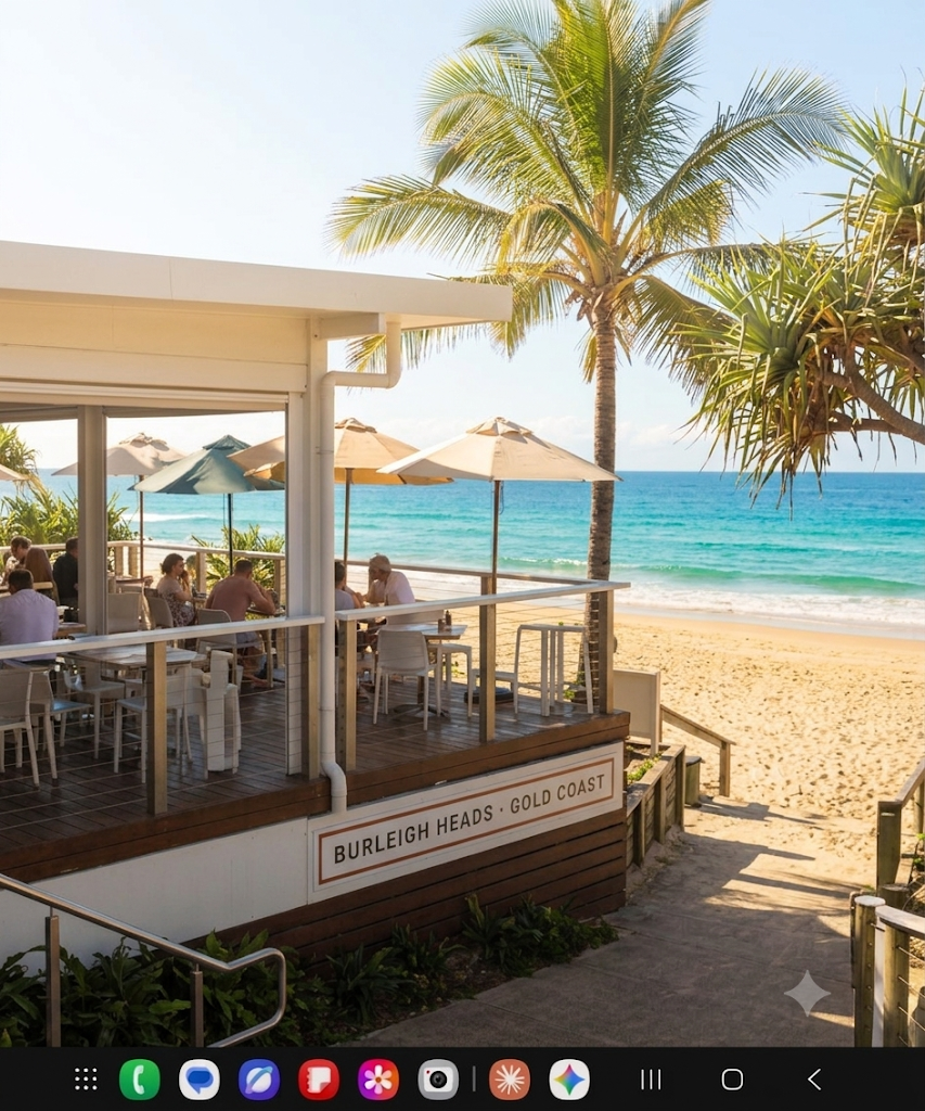 Café deck with beachside seating under umbrellas, palm trees and the ocean at Burleigh Heads
