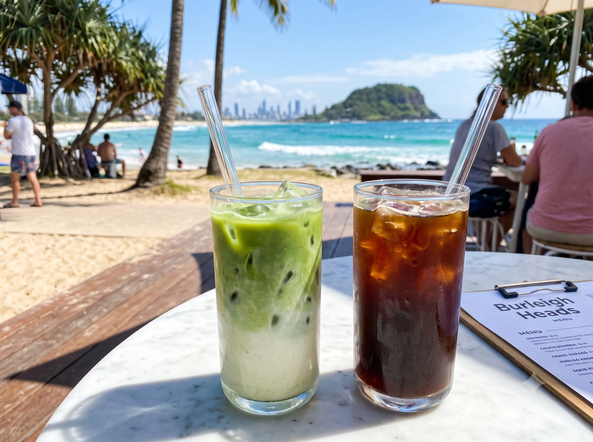 Iced matcha and iced long black on a marble table with the beach and Burleigh Headland in the background