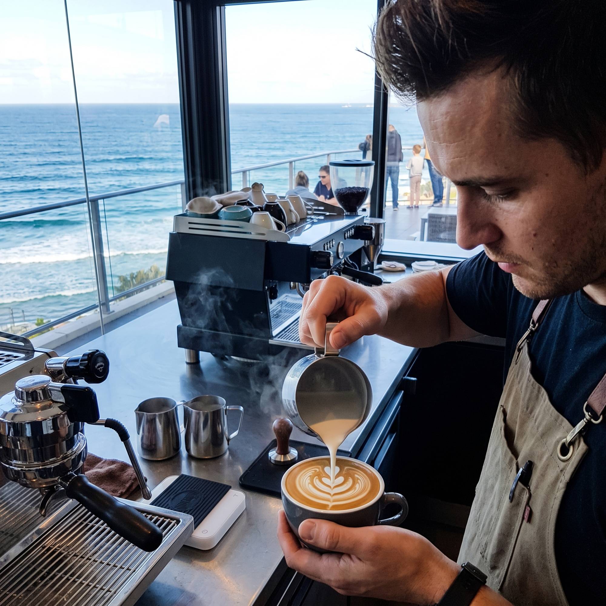 Barista pouring latte art into a cup with the ocean visible through the window behind
