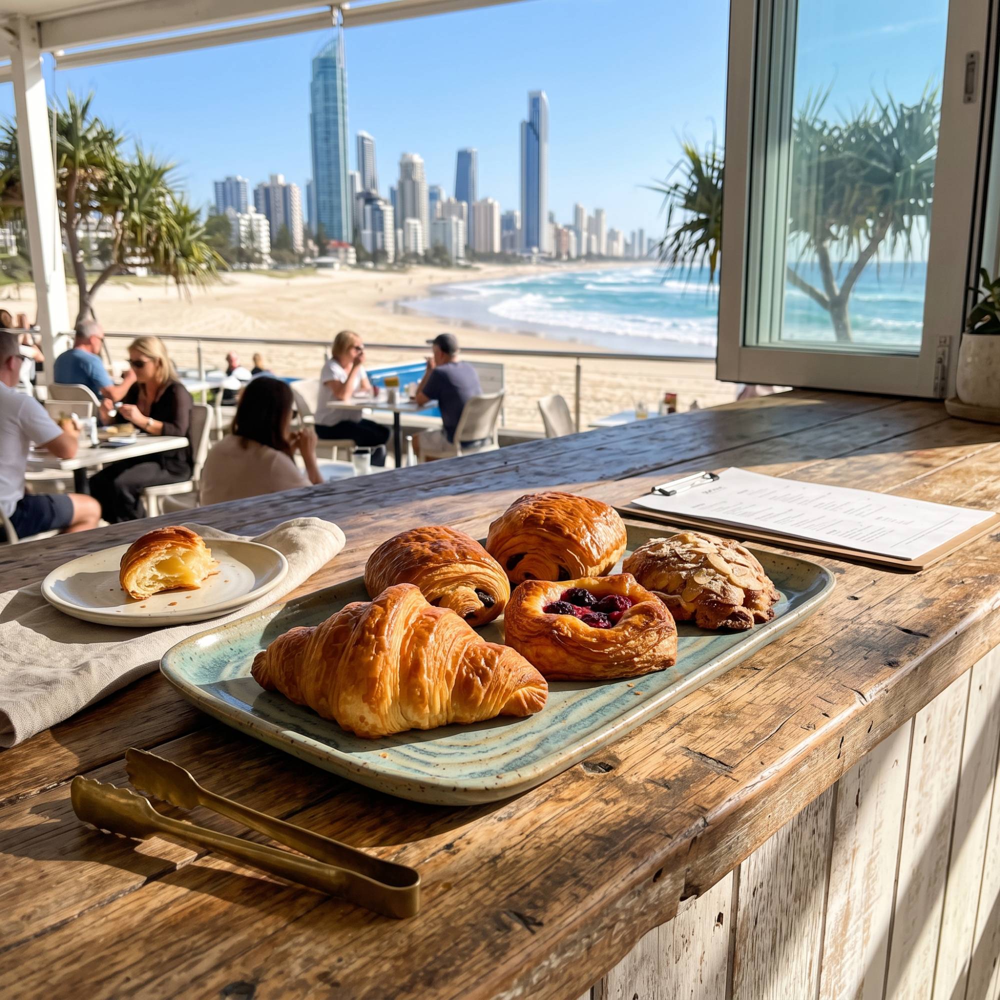 Fresh croissants, pain au chocolat and berry danishes on a plate with the Gold Coast skyline behind
