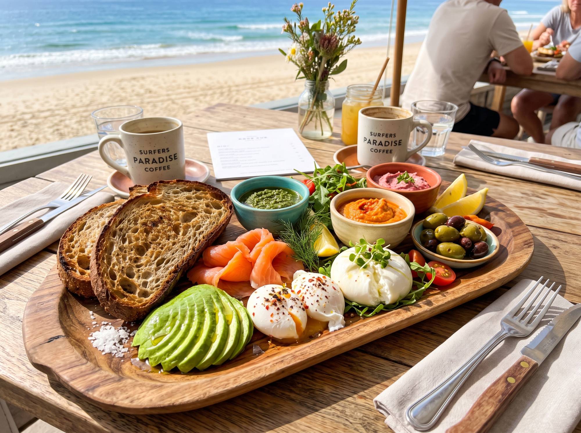 Wooden sharing board with sourdough, salmon, poached eggs, burrata, avocado and dips, beach in the background
