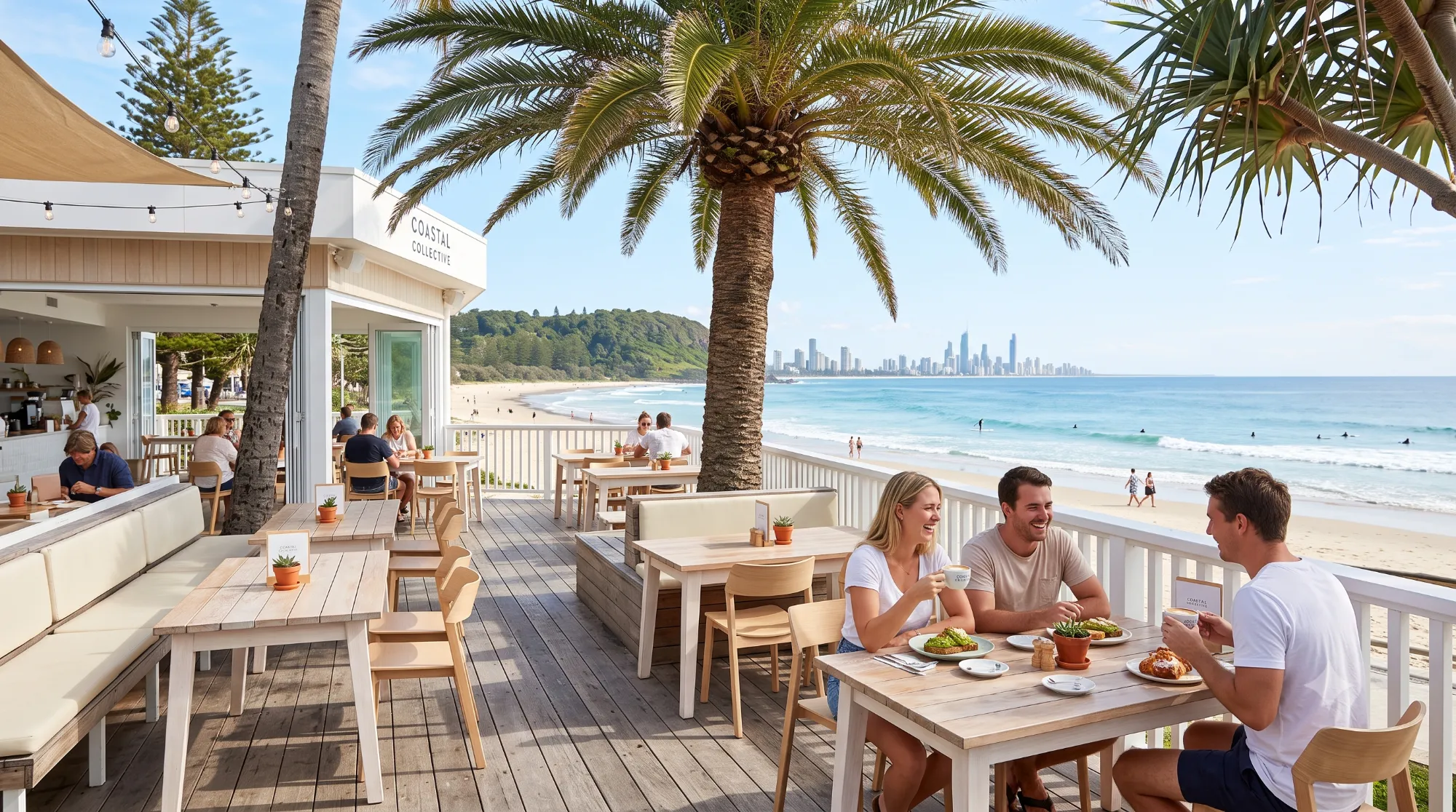 Coastal Café's beachfront deck under palm trees with diners enjoying coffee and breakfast, ocean and Gold Coast skyline in the background