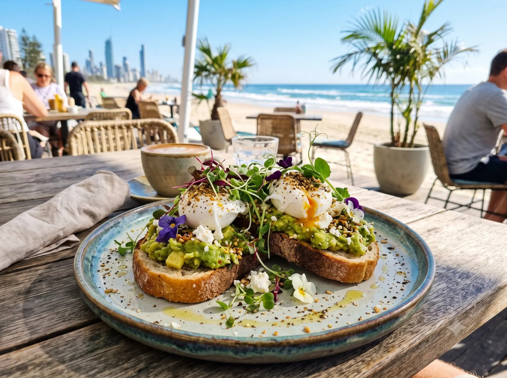 Smashed avocado toast with poached eggs, feta and edible flowers, beach and skyline in the background