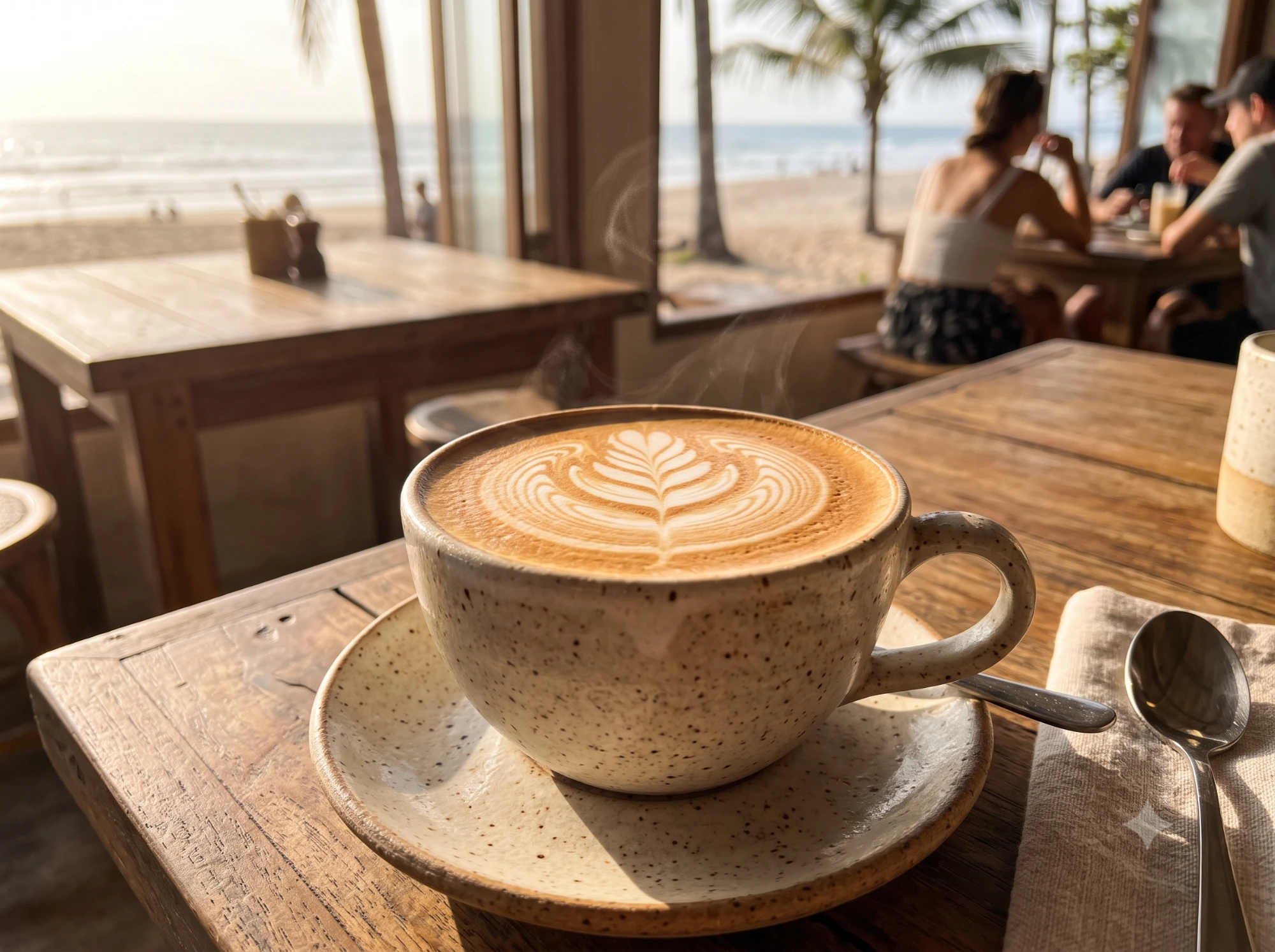 Flat white with fern-pattern latte art on a café table overlooking the beach