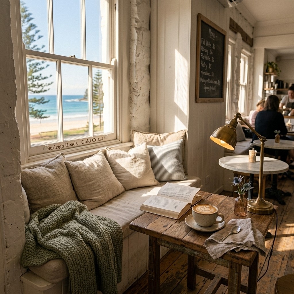 Cosy beachside reading nook with cushions, a blanket and a flat white, ocean visible through the window