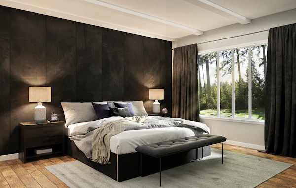 Contemporary master bedroom with a statement headboard — 8 Tallebudgera Creek Road, Currumbin