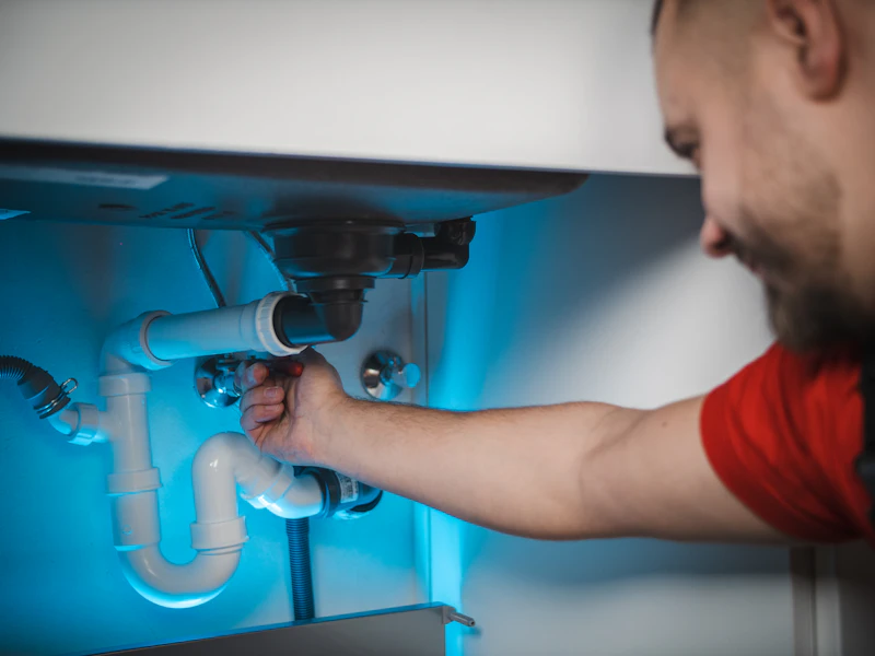 Plumber kneeling to inspect and repair pipework inside a home