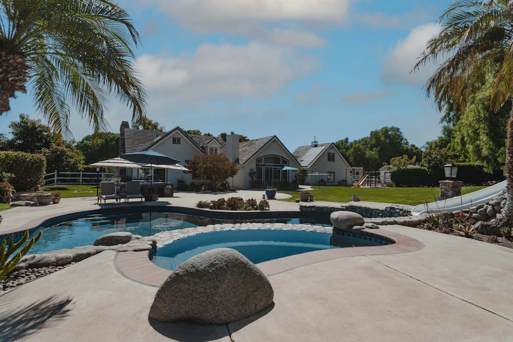 Pool surrounded by palm trees and layered contemporary landscaping