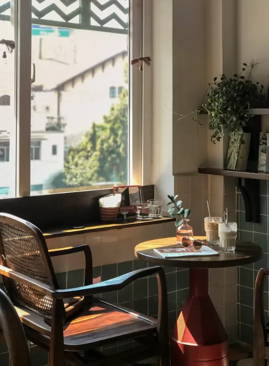 Tidal Grounds interior — a warm window nook with plants and morning light